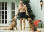 Pool coverage: President Ford with Liberty and pup, circa 1976, at White House pool.