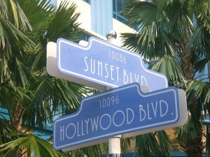 Faux streetsign of Hollywood at Sunset, at Hong Kong Disneyland Resort