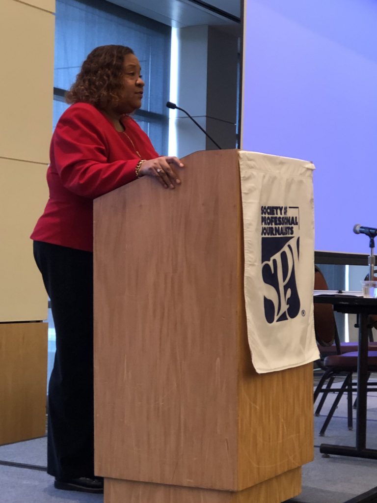 Dana Canedy speaks at the SPJ Region 4 conference in Cleveland, Ohio. Photo taken by Bonnie Jean Feldkamp